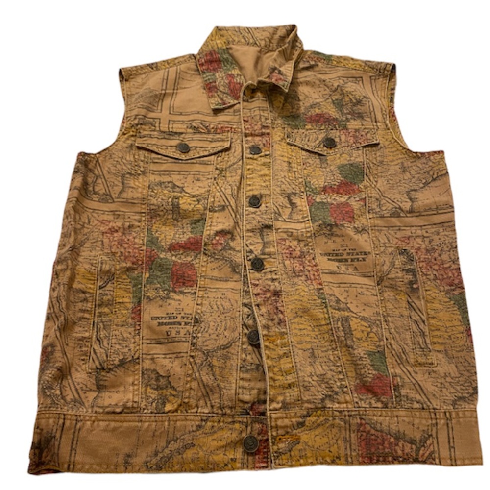 Born Fly Denim Vest, unique pattern world map pattern, small/medium, $75 NWOT